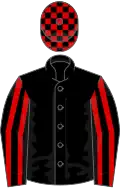 Black, Red striped sleeves, check cap