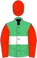 Emerald green, white hoop, scarlet sleeves