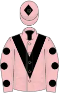 Pink, black chevron, pink sleeves, black spots, pink cap, black diamond