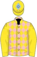 YELLOW and PINK DIAMONDS, yellow sleeves, yellow cap, light blue diamond