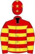 Red, yellow hoops and stars on cap