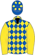 Royal blue and yellow diamonds, yellow sleeves, royal blue cap, yellow diamonds