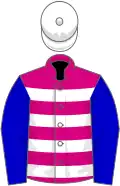 Cerise, white hoops, blue sleeves, white cap