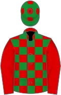 Red and green checks, red sleeves, green cap, red spots
