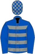 ROYAL BLUE and GREY HOOPS, royal blue sleeves, check cap