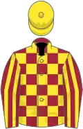 Maroon and yellow check, striped sleeves, yellow cap