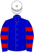 Blue, red hooped sleeves, white cap