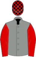Grey, Red sleeves, Black and Red check cap