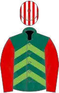 Dark green, light green chevrons, red sleeves, white and red striped cap
