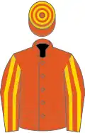 Flame, gold striped sleeves, hooped cap