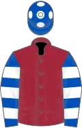 Maroon, royal blue and white hooped sleeves, royal blue cap, white spots