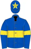Royal blue, yellow hoop, yellow armlet, yellow star on cap