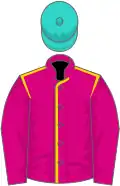 Cerise, gold seams, cerise sleeves, turquoise cap