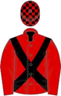 RED, black cross sashes, black and red check cap
