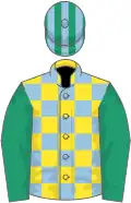 Yellow and light blue check, emerald green sleeves, emerald green and light blue striped cap