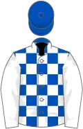 Royal blue and white check, white sleeves, royal blue cap