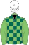 Light green and dark green check, light green sleeves, white cap