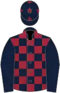 Dark blue and maroon check, dark blue sleeves, dark blue cap, maroon stars
