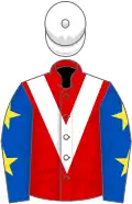 Red, white chevron, royal blue sleeves, yellow stars, white cap