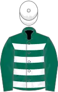 Dark green, white hoops, dark green sleeves, white cap