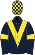 Dark blue, yellow chevron and armlets, check cap