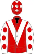 Red, white chevron, white sleeves, red spots, red cap, white spots