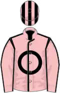 Pink, black seams, black circle, black seams on sleeves, striped cap