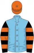 Kingfisher blue, orange and black hooped sleeves, orange cap