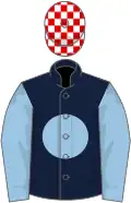 Dark blue, light blue disc and sleeves, red and white check cap