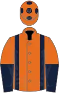 Orange, dark blue braces, halved sleeves and spots on cap
