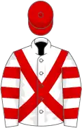White, red cross belts, hooped sleeves, red cap