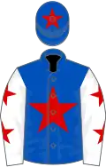 ROYAL BLUE, red star, white sleeves, red stars, royal blue cap, red star