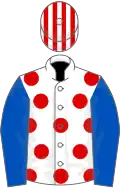White, Red spots, Royal Blue sleeves, Red and White striped cap