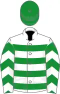 White, green hoops, chevrons on sleeves, green cap