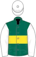 Dark green, yellow hoop, white sleeves and cap