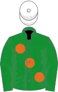 Green, large orange spots, white cap