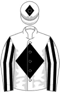 White, black diamond, black and white striped sleeves, white cap, black diamond