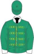 Emerald green, gold braids, white collar and cuffs, emerald green cap,