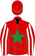 Red, green star, red and white striped sleeves, red cap