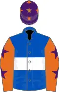 Royal Blue, White hoop, Orange sleeves, Purple stars, Purple cap, Orange stars