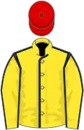 Yellow, dark blue seams, red cap