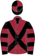 Maroon, black cross belts, black and maroon hooped sleeves, quartered cap