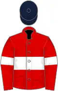 Red, white hoop, red sleeves, white armlets, dark blue cap