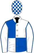 White and royal blue (quartered), white sleeves, royal blue seams, check cap