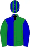 Green and blue (halved), reversed sleeves, striped cap