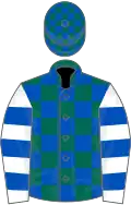 Dark green and royal blue check, white and royal blue hooped sleeves, dark green and royal blue check cap