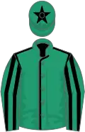 Emerald green, black seams, striped sleeves, black star on cap