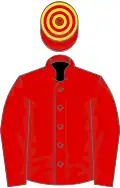 Red, red and yellow hooped cap