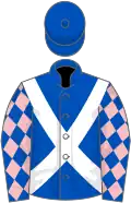 Royal blue, white cross belts, royal blue sleeves, pink diamonds