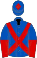 Royal blue, red cross belts, halved sleeves, royal blue cap, red diamond